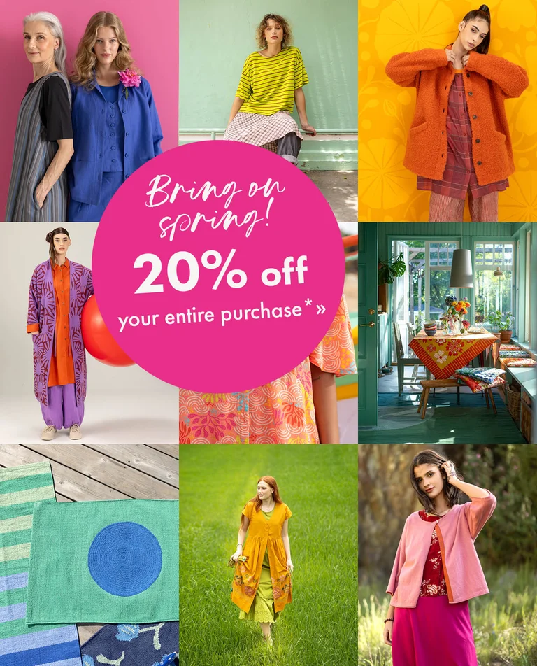 A colourful collage of clothes and home décor from Gudrun Sjödén.