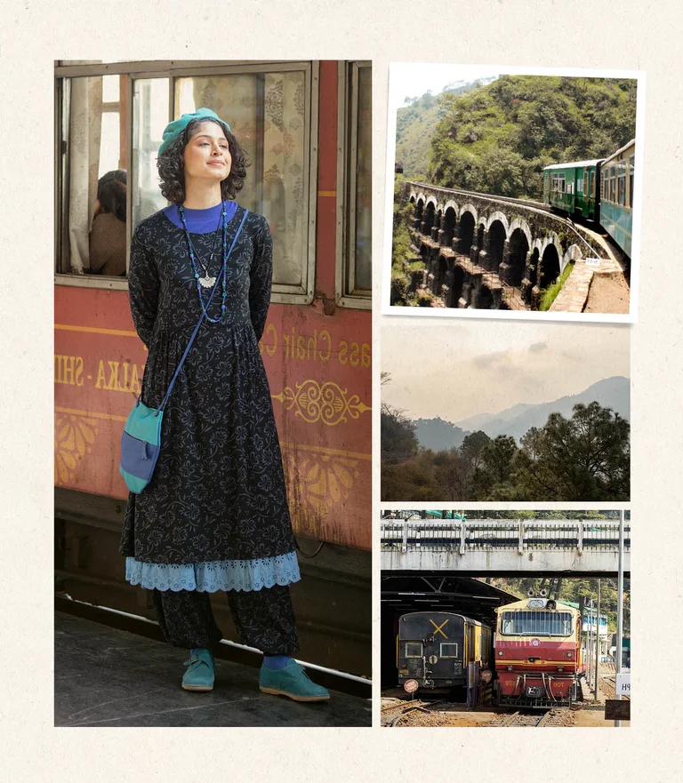 A collage of pictures of trains and train tracks in India and a woman wearing layers of clothing from Gudrun Sjödén.