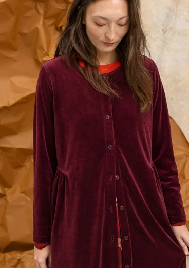 Button-through, organic cotton/recycled polyester velour dress - aubergine