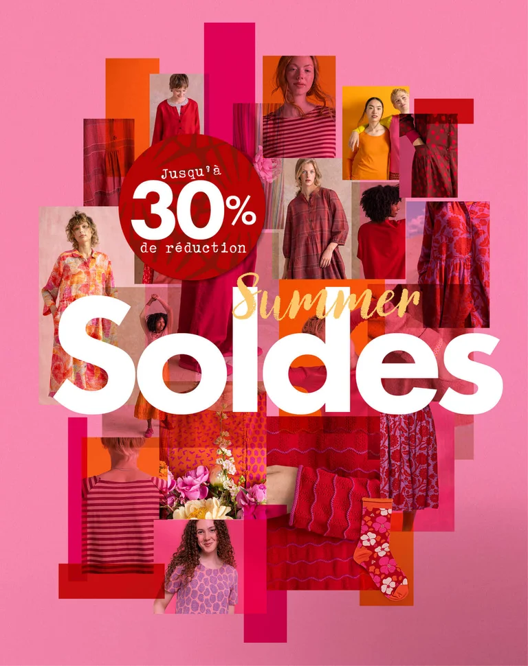 Un collage de photos de vêtements signés Gudrun Sjödén et de disques aux différents tons de rouge, rose et orange.