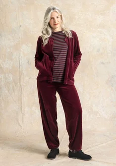 Solid-colour, velour trousers in organic cotton/recycled polyester - aubergine