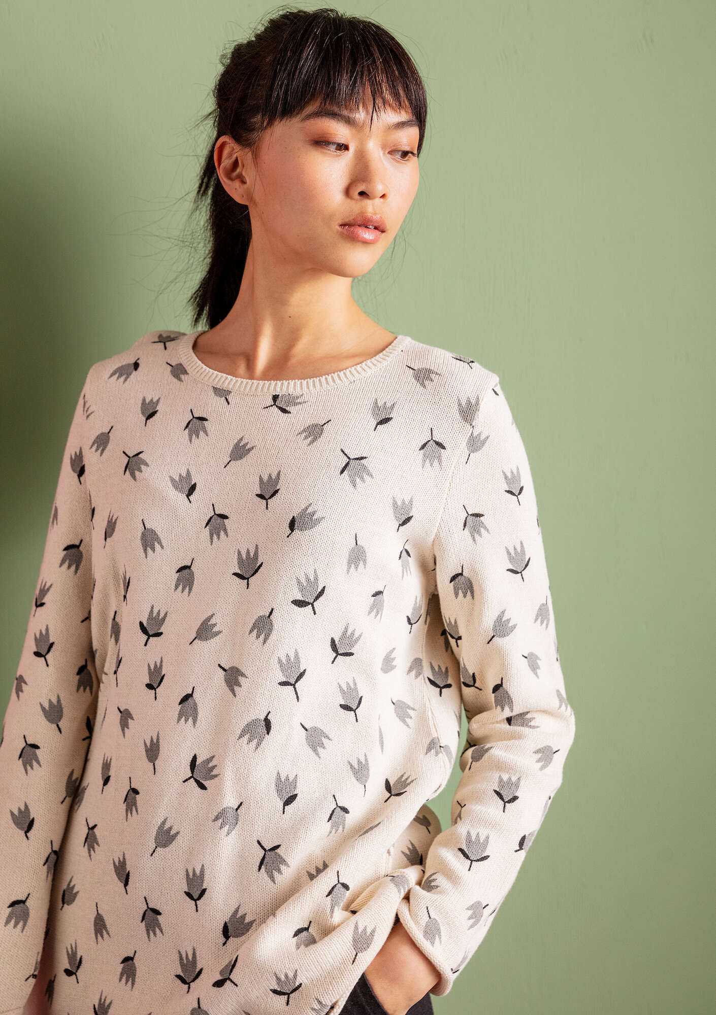 “Adena” BÄSTIS sweater in recycled cotton elephant gray/patterned thumbnail