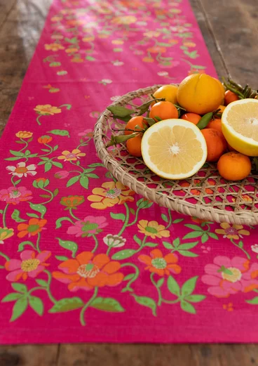 “Bloom” table runner in organic cotton - dark peony