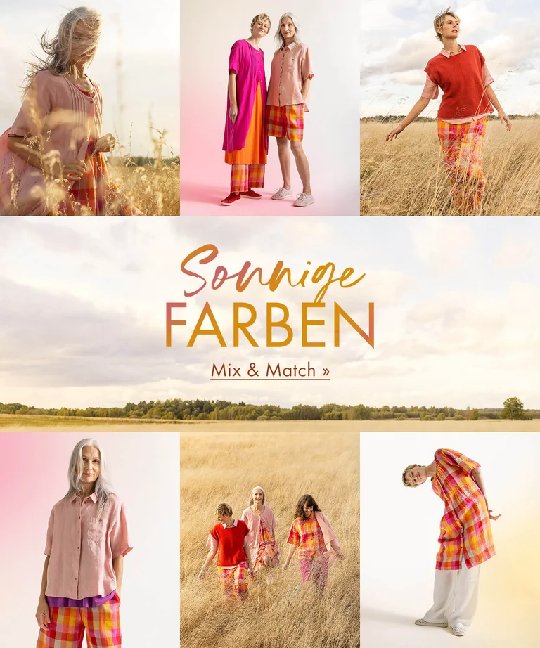 Eine Collage mit Bildern von Frauen in farbenfroher Leinenmode von Gudrun Sjödén.