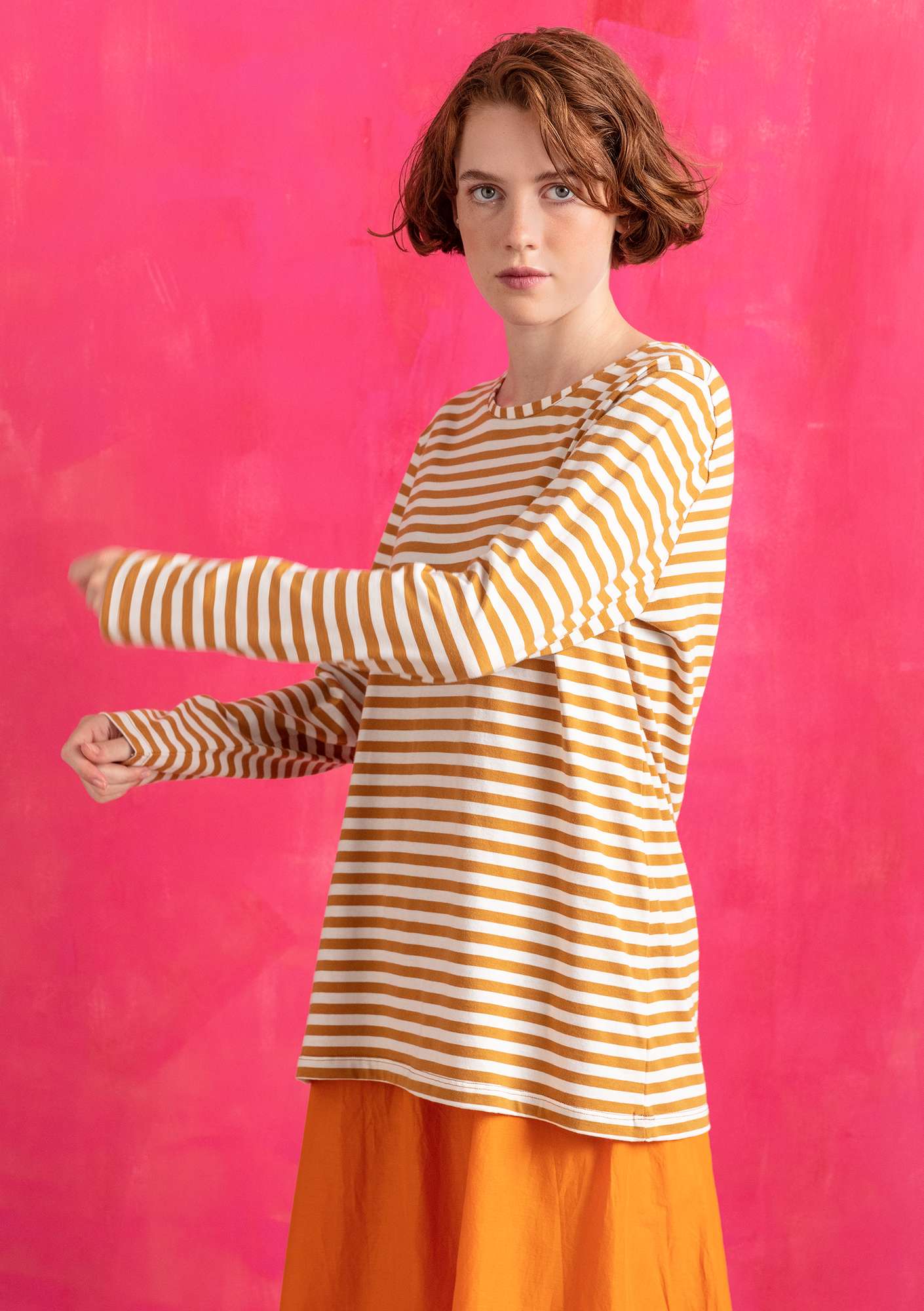 Organic cotton essential striped sweater mustard/ecru