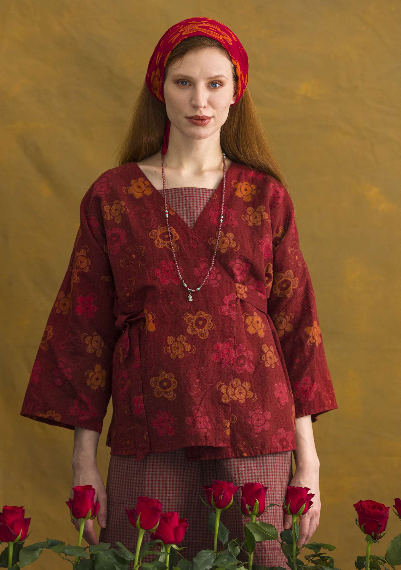 “Lindblom” organic cotton/linen blouse-style jacket agate red/patterned thumbnail