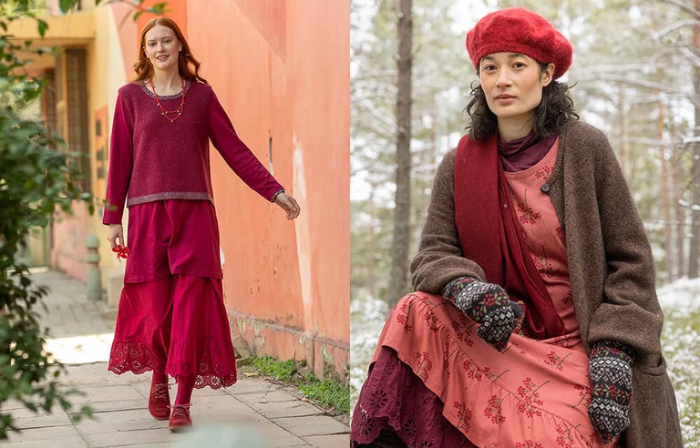 Two women wearing clothes from Gudrun Sjödén’s 2025 Winter collection.  