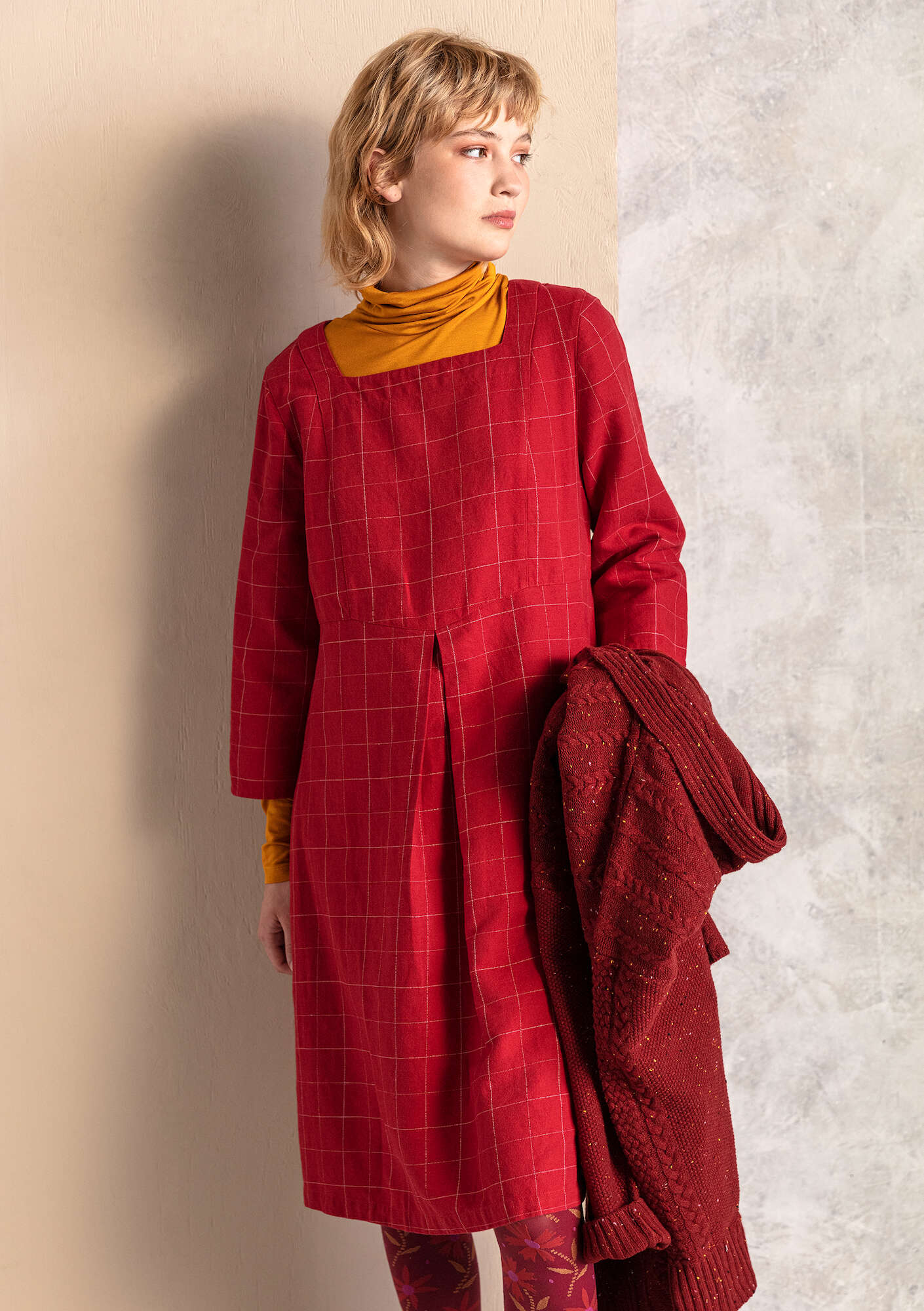 “Greta” organic cotton/linen woven check dress poppy thumbnail