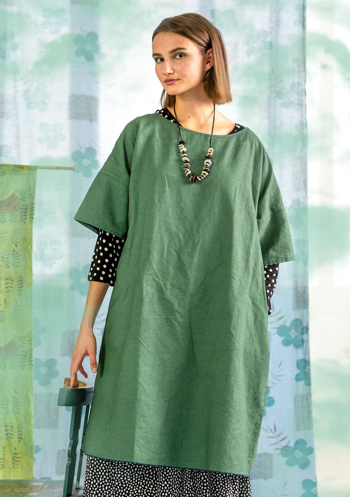 Vevd kjole «Twin» i lin / økologisk bomull havsgrøn thumbnail
