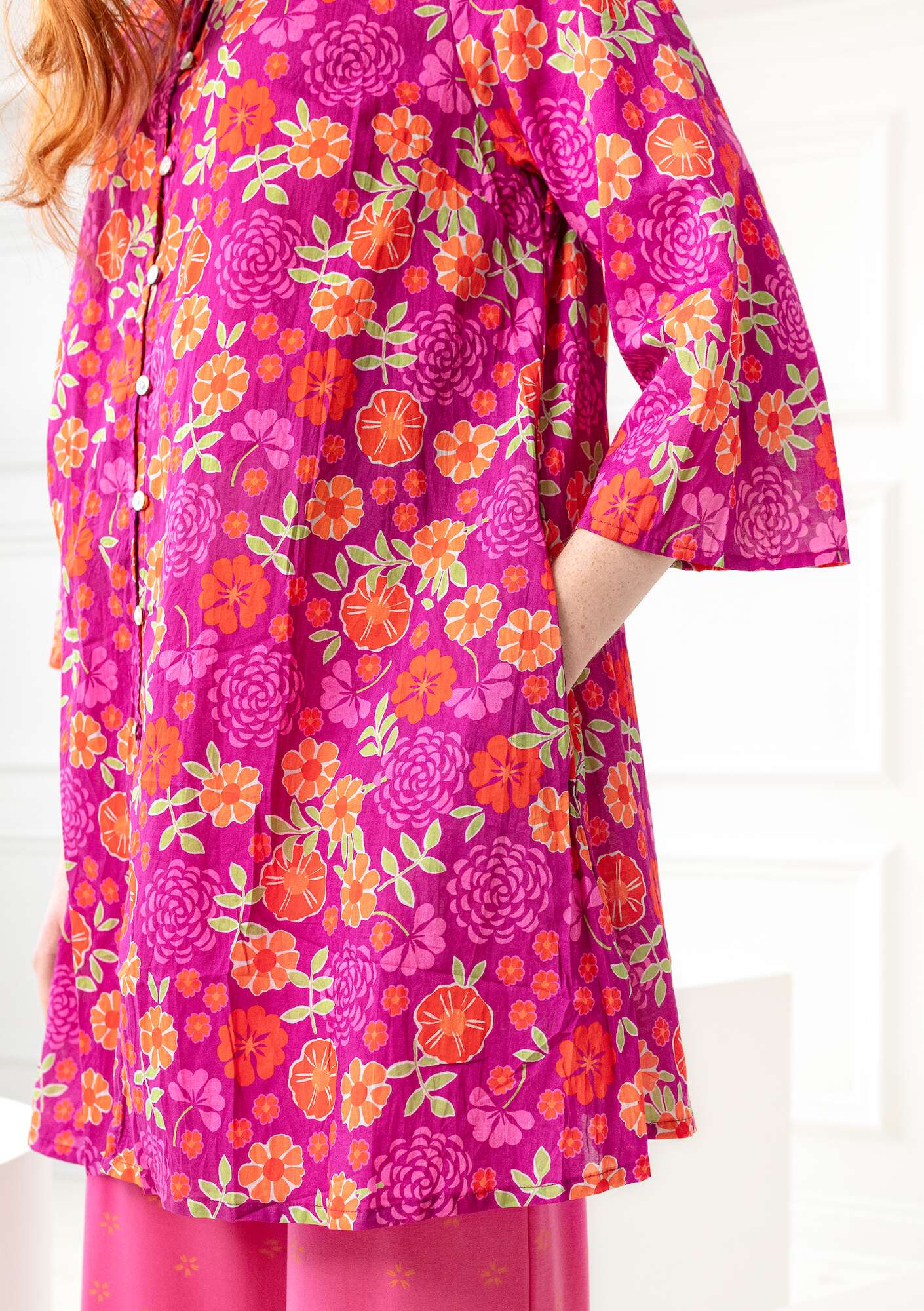 “Bouquet” tunic in woven organic cotton pink orchid thumbnail