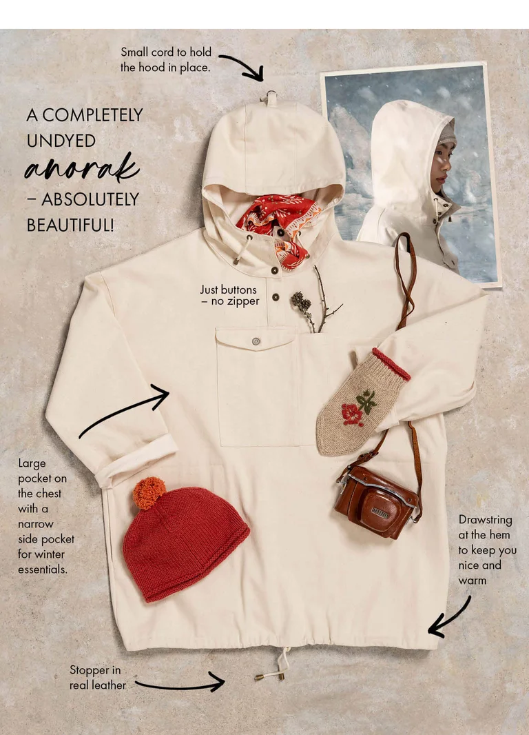 A picture with a white anorak. The picture also has several arrows and text for different details on the jacket.