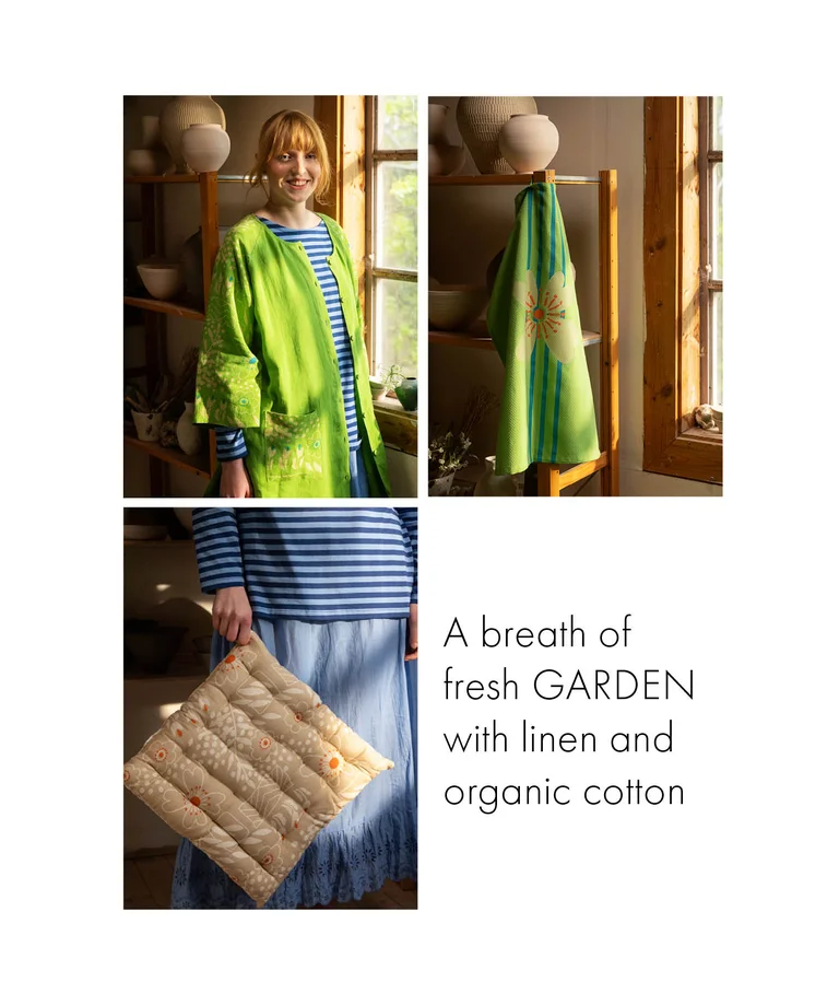 A collage with the “Nemorosa” linen tunic, kitchen towel and seat cushion from Gudrun Sjödén.