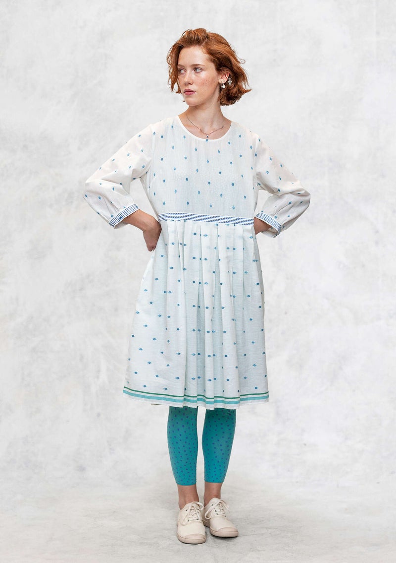 “Signe” patterned dress in woven organic cotton light ecru