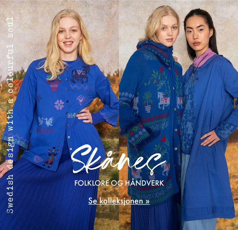 A collage with three photos of: two women wearing folk-art patterned clothes, a close-up of a woman wearing a blue knitted balaclava with a floral pattern, and a woman wearing a blue embroidered blouse and blue skirt from Gudrun Sjödén. A painted autumnal landscape is visible in the background.