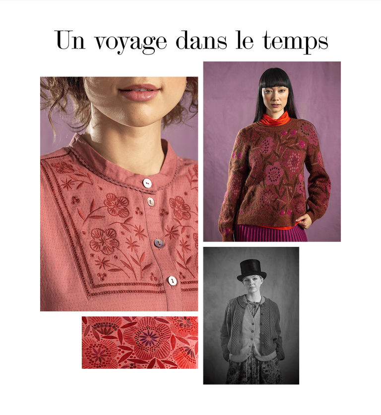 A collage of women wearing clothing from Gudrun Sjödén and a picture that looks like an old photo of a woman in a top hat. The collage also has a closeup of patterned red fabric.