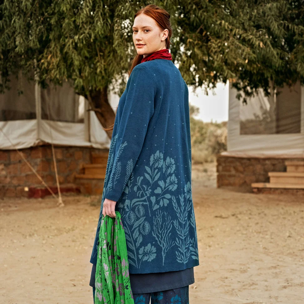 Long gilet "Dawn" en ramie/coton recyclé - indigo