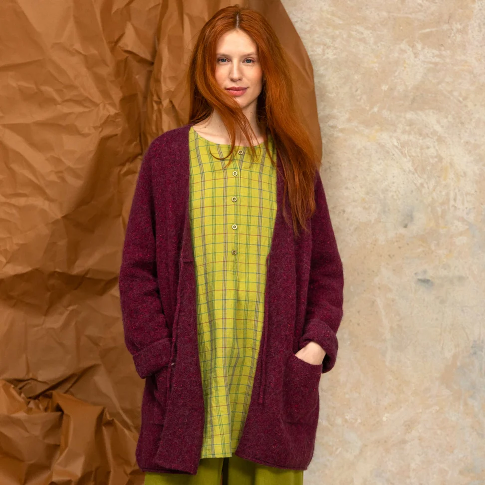 “Sylvi” check/solid-colour linen blouse - guava/checked