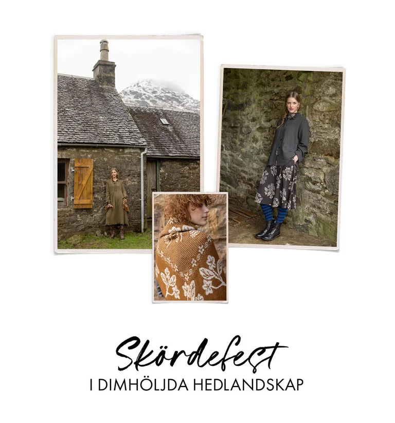 A collage with a woman standing by an old house wearing layers of clothing from Gudrun Sjödén, a woman standing by a stone wall wearing layers of clothing from Gudrun Sjödén and a closeup of a woman wearing a scarf from Gudrun Sjödén.