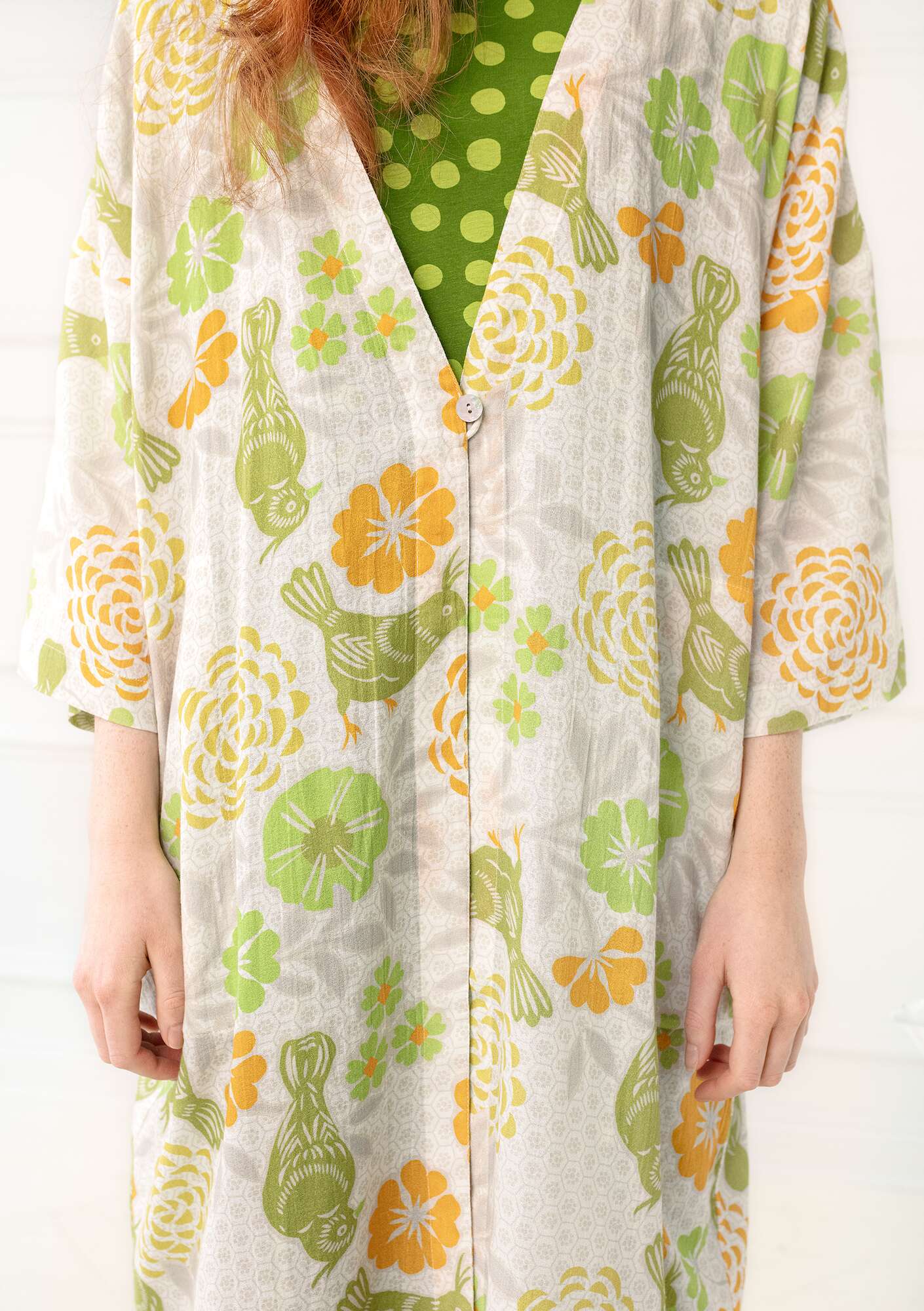 “Paraquite” kimono in organic cotton golden rain thumbnail