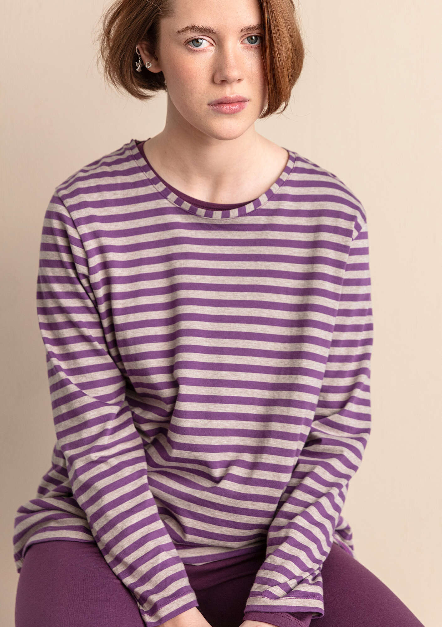 Essential striped sweater in organic cotton dark hydrangea/light potato melange thumbnail