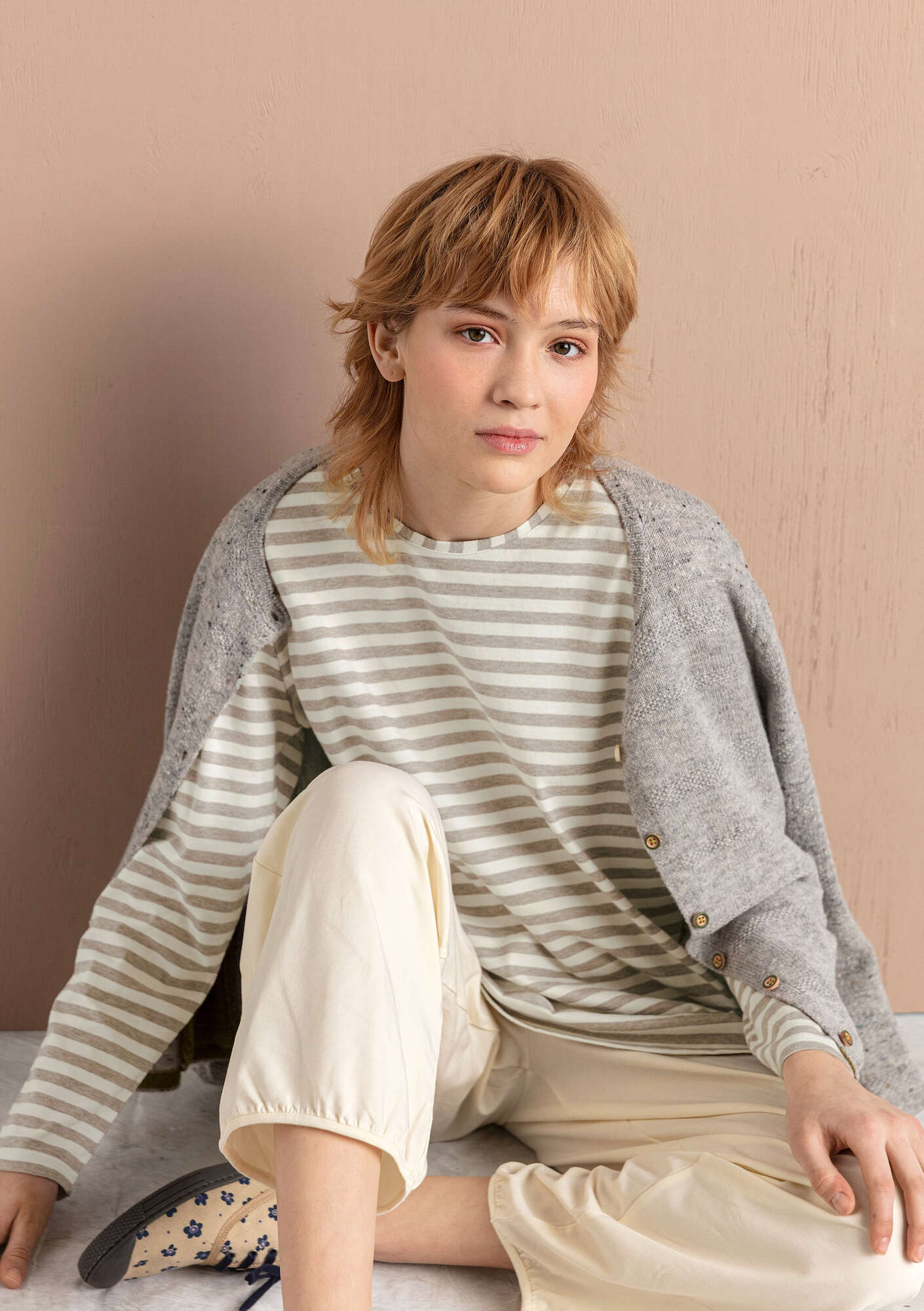 Organic cotton essential striped sweater ecru/light potato thumbnail
