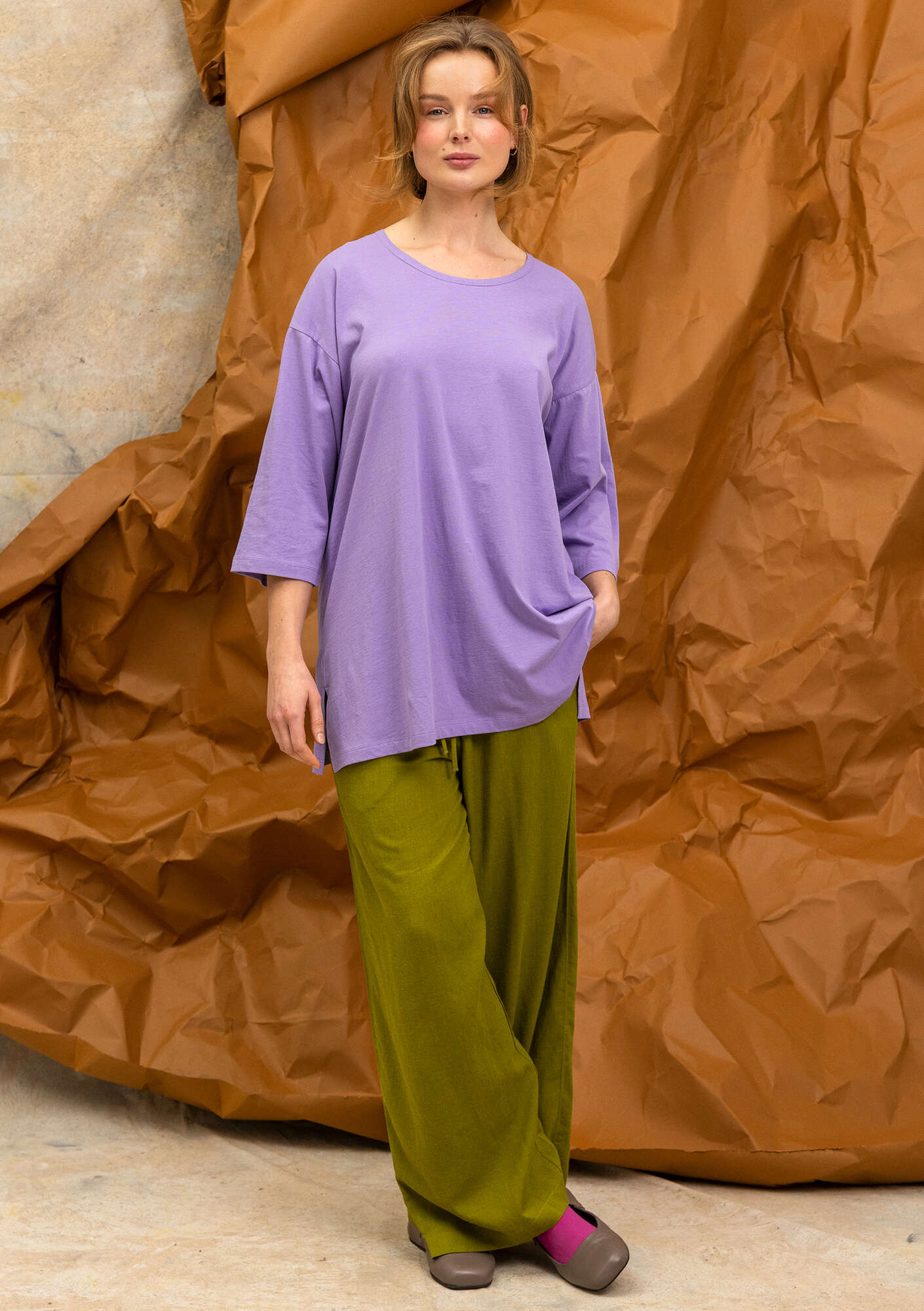 Frida” patterned/solid-colored jersey tunic in organic cotton