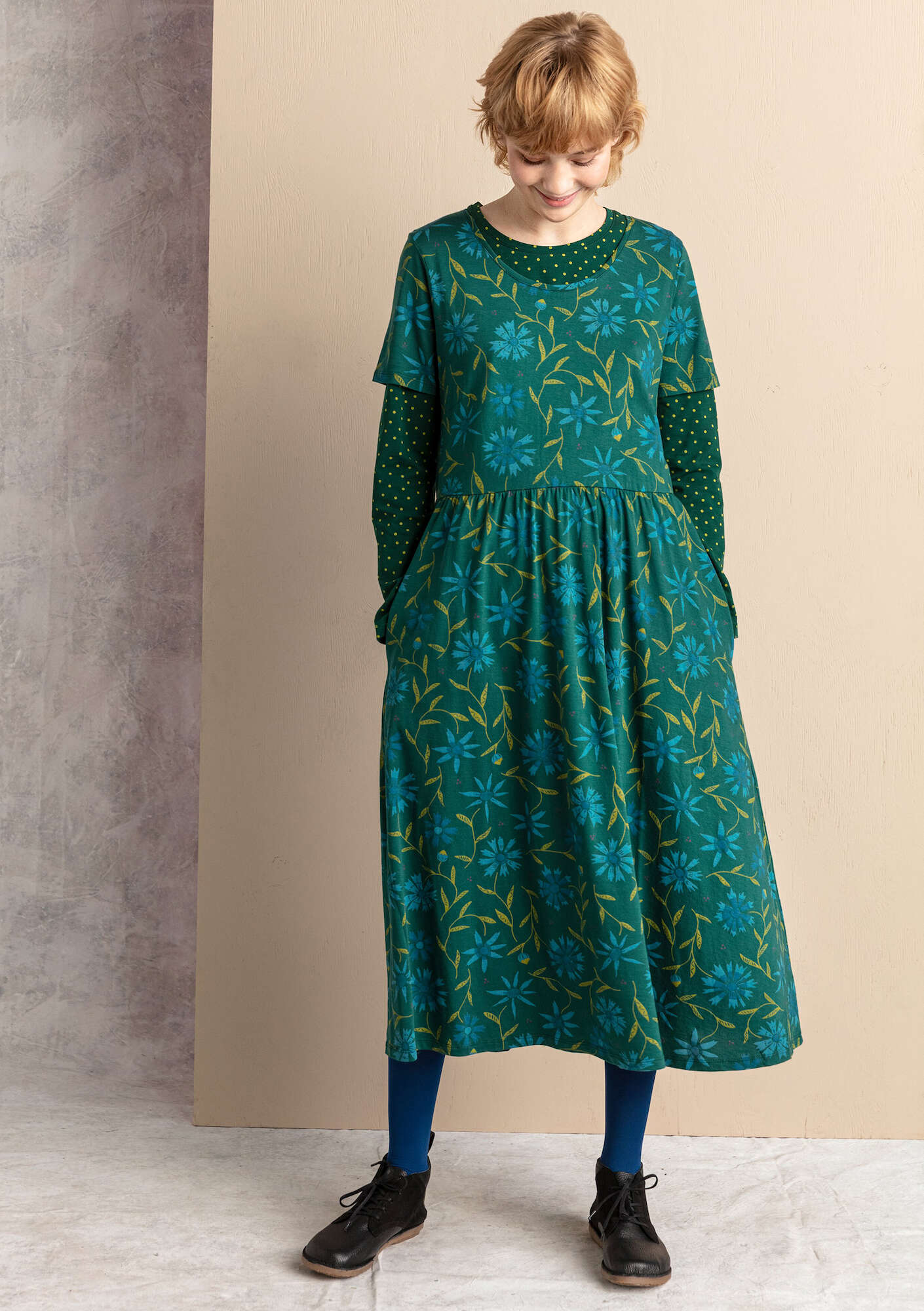 “Isolde” jersey dress in organic cotton/modal bottle green/patterned thumbnail