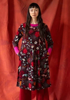 “Fyrverkeri” velour dress in organic cotton/recycled polyester - aubergine/mønstret
