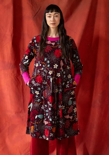 “Fyrverkeri” velour dress in organic cotton/recycled polyester - aubergine/mønstret