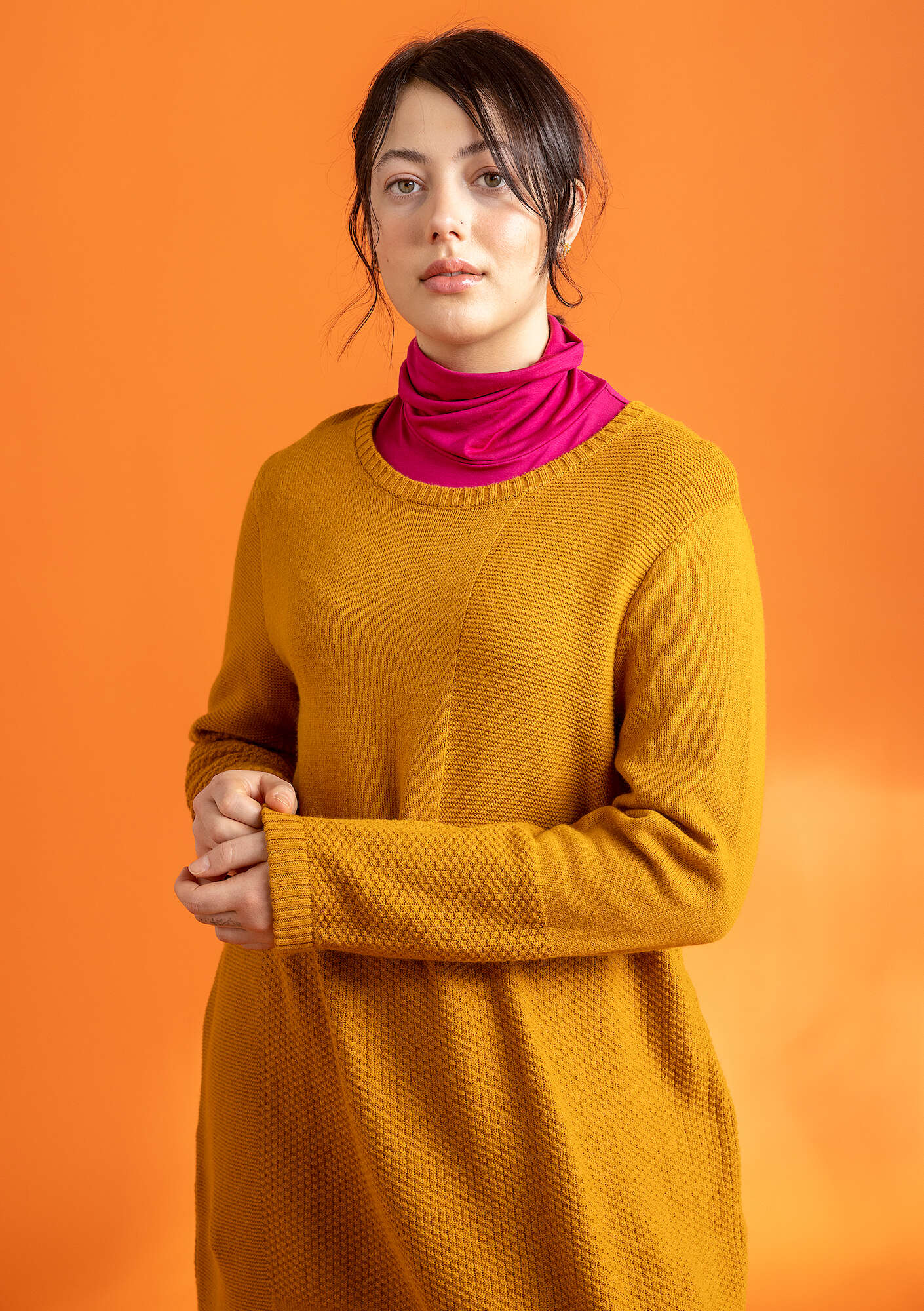 Knit tunic in wool/cotton mustard