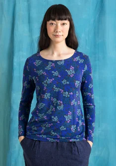 “Hillevi” floral/solid-colour lyocell/elastane jersey top - indigo blue/patterned