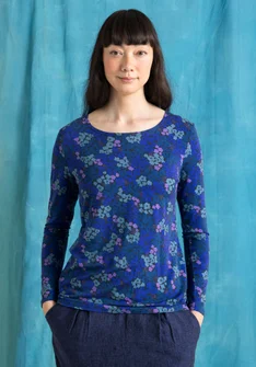 “Hillevi” floral/solid-colour lyocell/elastane jersey top - indigo blue/patterned