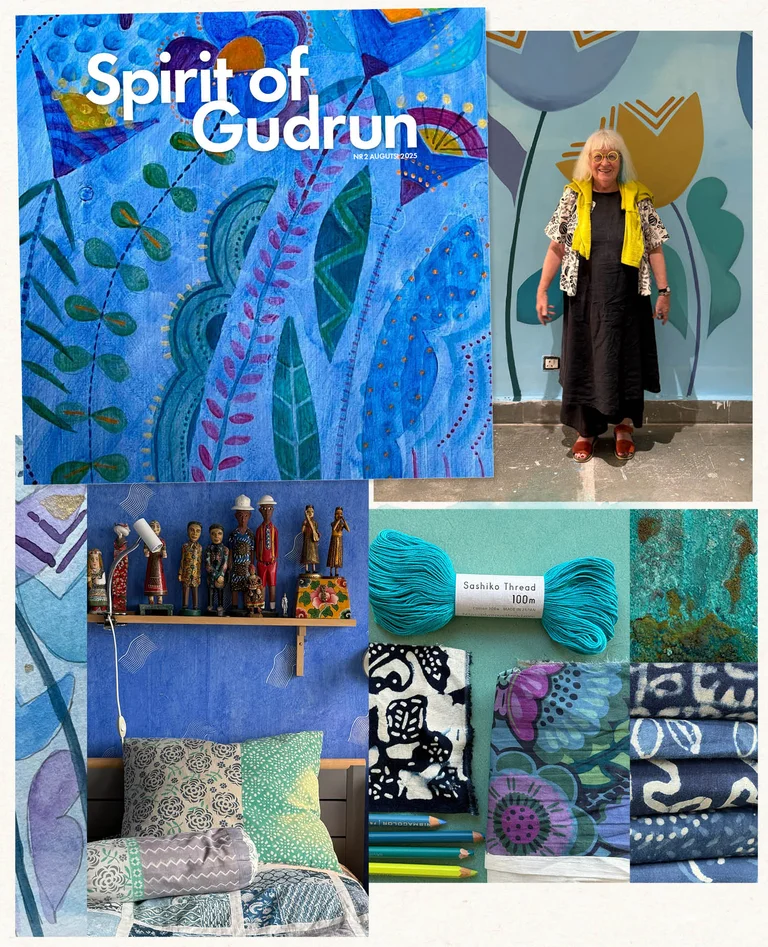 A collage showing Gudrun Sjödén and blue products.