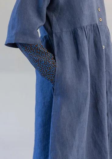 “Sylvi” striped/solid-colour, button-through linen dress - indigo blue