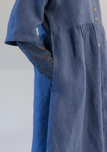 “Sylvi” striped/solid-colour, button-through linen dress - indigo blue