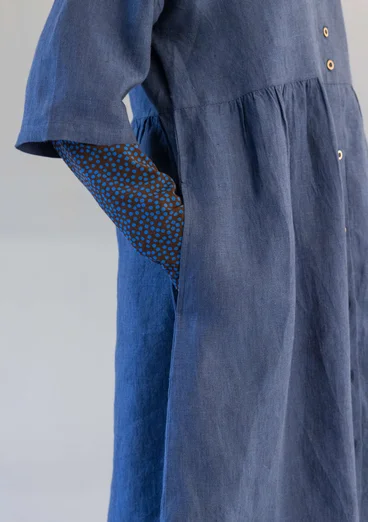 Gestreiftes oder einfarbiges Knopfleistenkleid „Sylvi“ aus Leinen - indigoblau