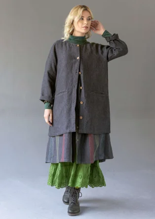 Longline, garment-washed woven linen jacket - black