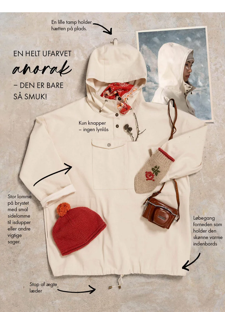 A picture with a white anorak. The picture also has several arrows and text for different details on the jacket.