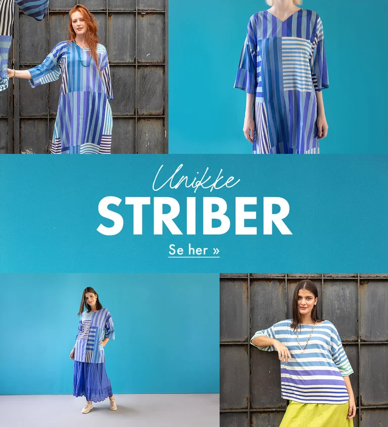 A collage of women wearing striped clothes in shades of blue from Gudrun Sjödén’s Spring Extra collection mixed with close-ups of the striped fabric.