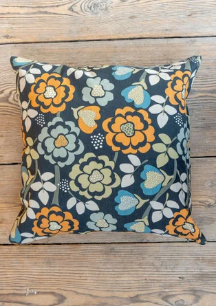 “Wild Rose” printed cushion cover in linen/cotton - dark ash grey