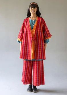 Rutete kimono «Coimbatore» i økologisk bomull - papegøyerød