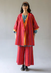 Kimono à carreaux "Coimbatore" en coton biologique - rouge perroquet