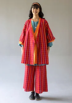Rutete kimono «Coimbatore» i økologisk bomull - papegøyerød