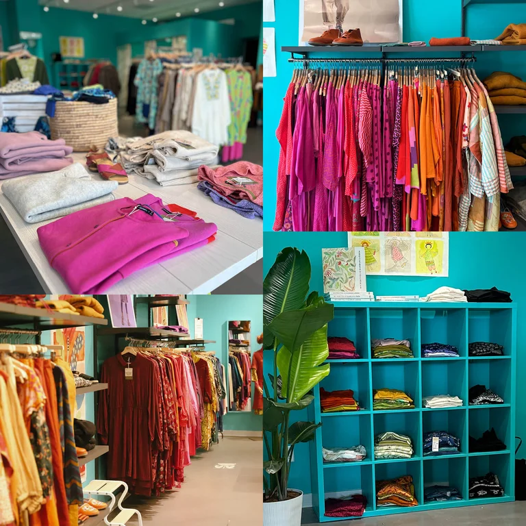 Ett kollage med bilder från Gudrun Sjödéns butik i London.