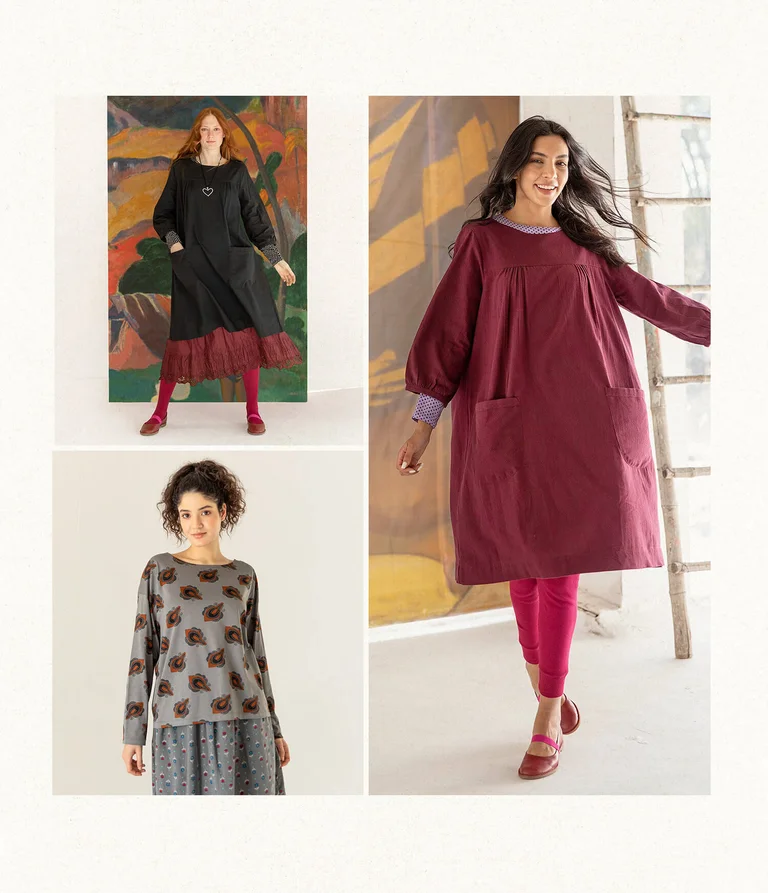 A collage of women wearing clothing from Gudrun Sjödén’s winter collection. 
