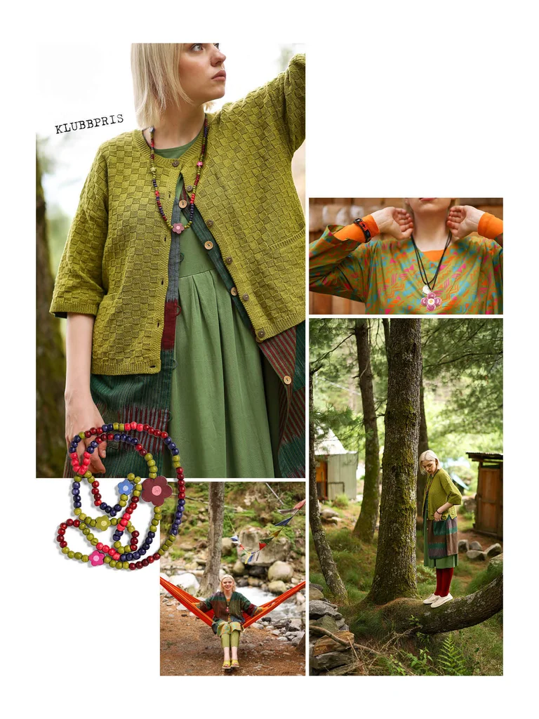 A collage of a woman wearing green clothing and a necklace from Gudrun Sjödén.
