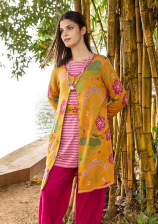 Stribet jerseytunika i økologisk bomuld - rosa orkide