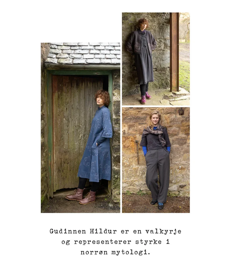 A collage with three pictures of women posing by a stone house, wearing layers of clothing in dark colors from Gudrun Sjödén.