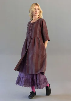 Gestreiftes oder einfarbiges Knopfleistenkleid „Sylvi“ aus Leinen - aubergine-gestreift
