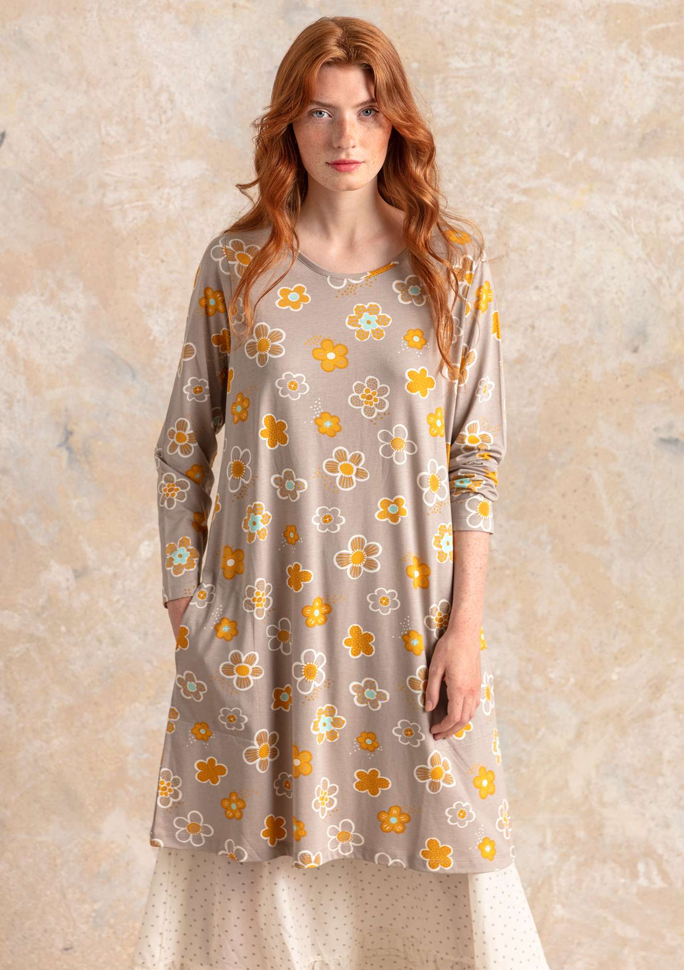 “Aria” jersey tunic in organic cotton/modal elephant gray/patterned thumbnail